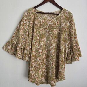 Cure. Womens Large Blouse Floral Green Tan Brown Pink 70s Retro Boho Hippie